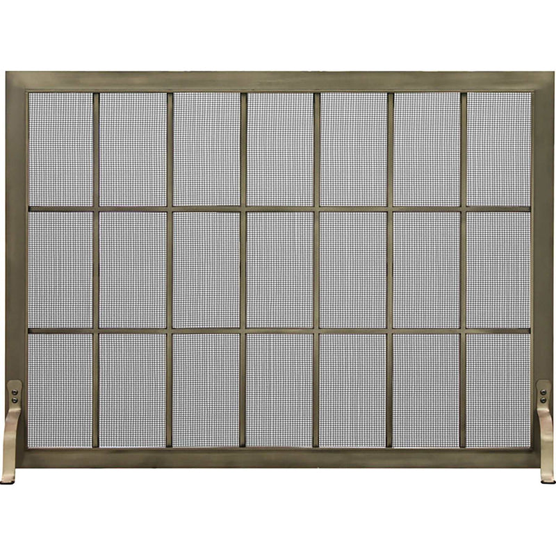 Custom free standing fireplace screen with industrial black steel frame and heavy gauge mesh