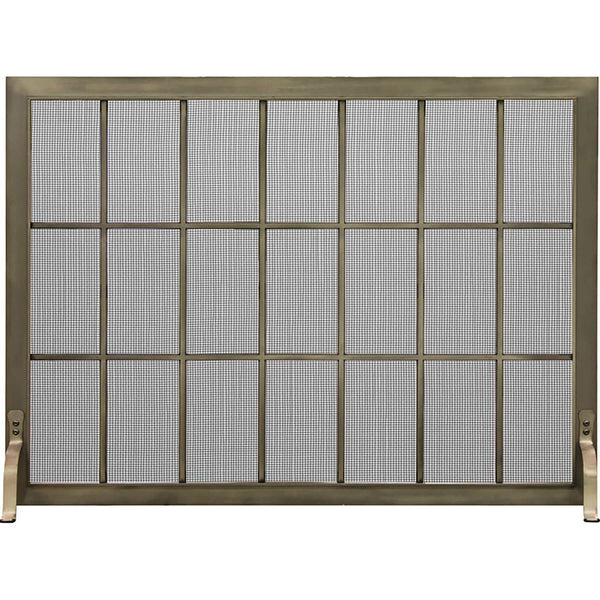 Custom free standing fireplace screen with industrial black steel frame and heavy gauge mesh