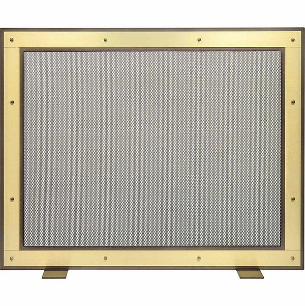 Custom made free standing fireplace screen with layered Manhattan rectangle design and heavy gauge mesh in Newport Brass finish