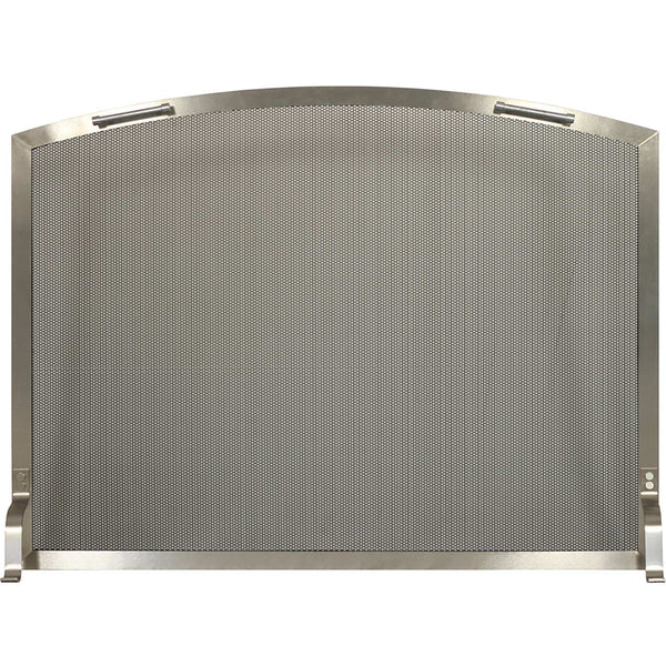 Custom free standing fireplace screen with brushed stainless steel frame and heavy gauge mesh