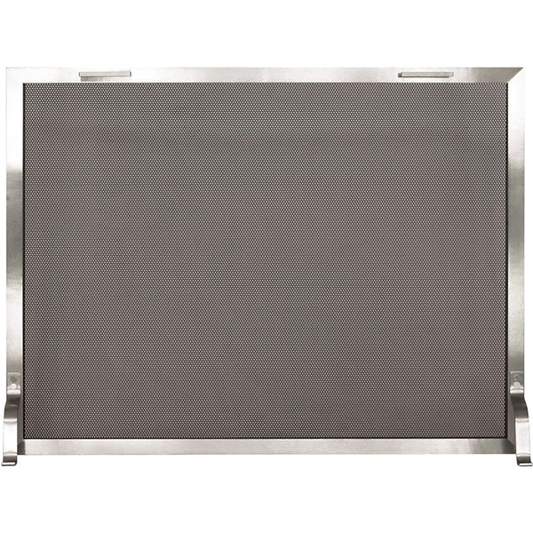 Custom modern free standing fireplace screen with stainless steel frame and heavy gauge mesh