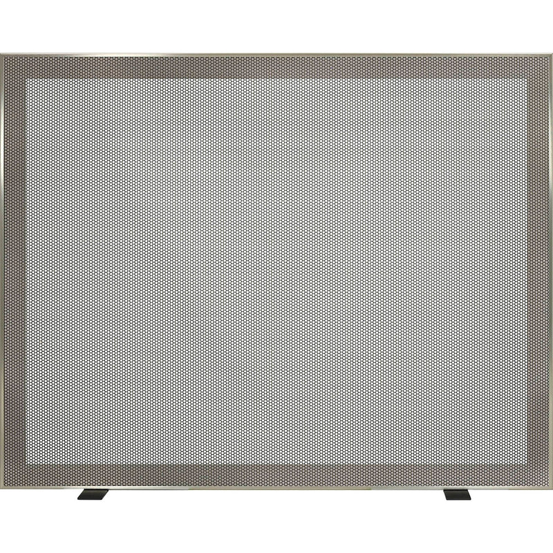 Custom free standing fireplace screen with thick steel frame and heavy gauge mesh in brite nickel finish
