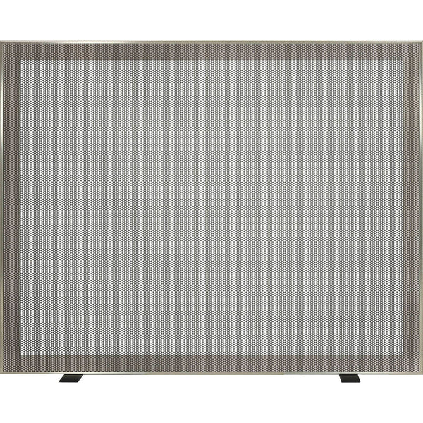 Custom free standing fireplace screen with thick steel frame and heavy gauge mesh in brite nickel finish