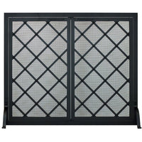 Custom free standing fireplace screen with heavy gauge mesh and thick solid steel frame in textured black