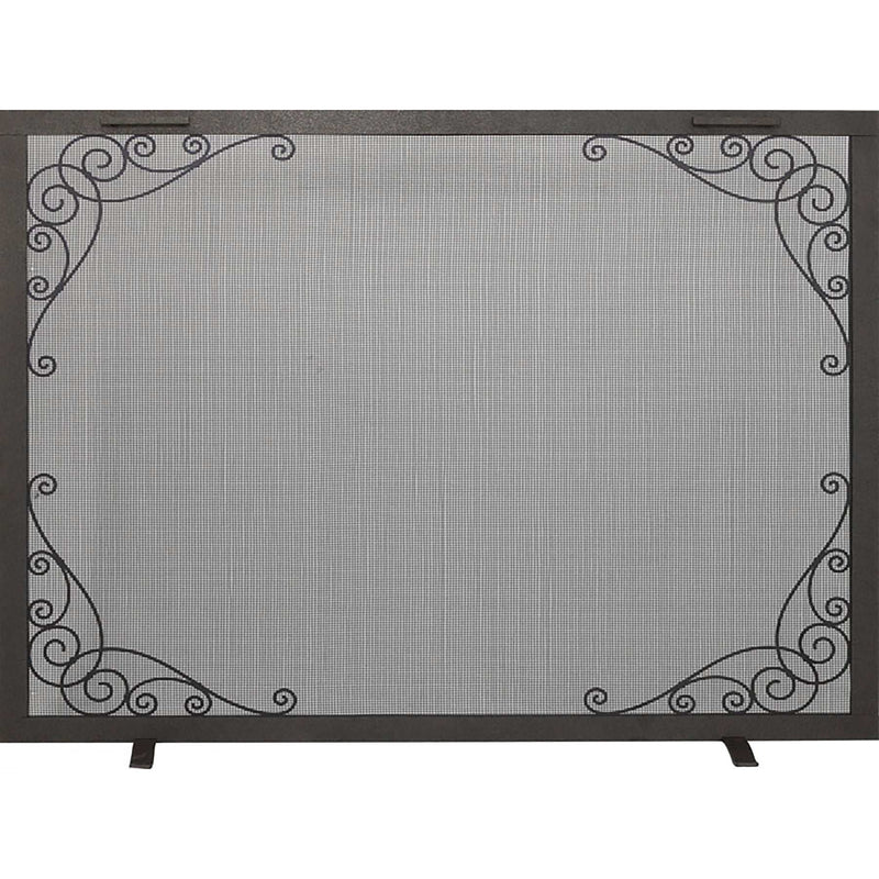 Custom free standing fireplace screen with traditional rectangle scroll design in silver mist finish