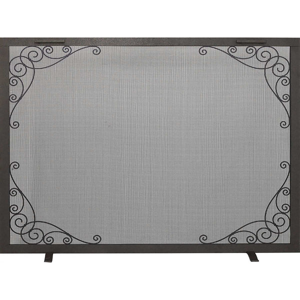 Custom free standing fireplace screen with traditional rectangle scroll design in silver mist finish