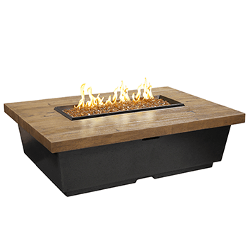 French Barrel Oak Contempo rectangle firetable with rustic wood finish and black lava base