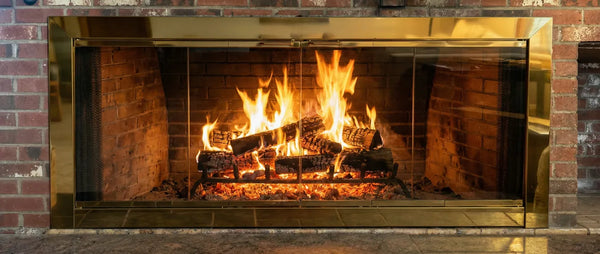 Reflection Custom Fireplace Doors / Opening Size 71 9/16" x 29 1/2" / Polished Brass / Simplicity Handles / Bi-Fold / 3 Sided Overlap