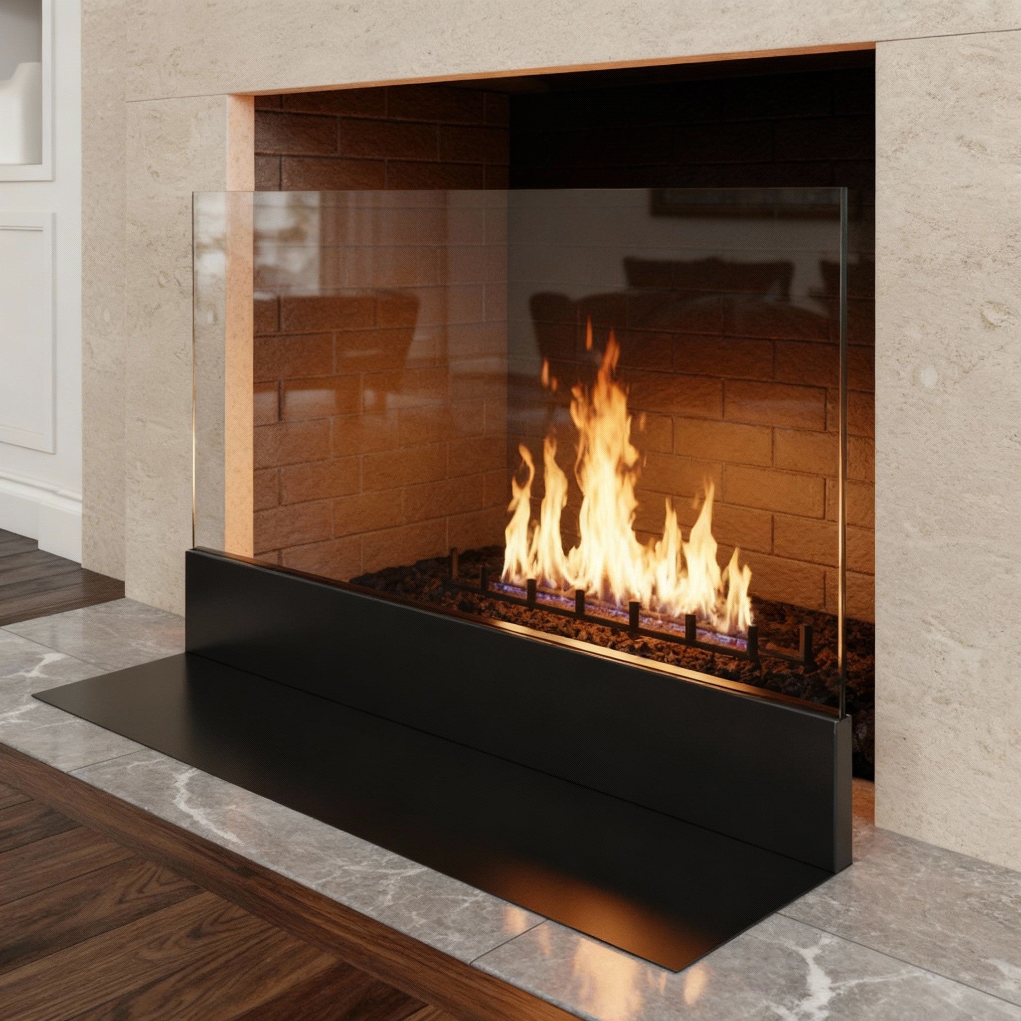 Modern Clear Glass Fireplace Screen with Steel Base – Custom Made (27 Colors)