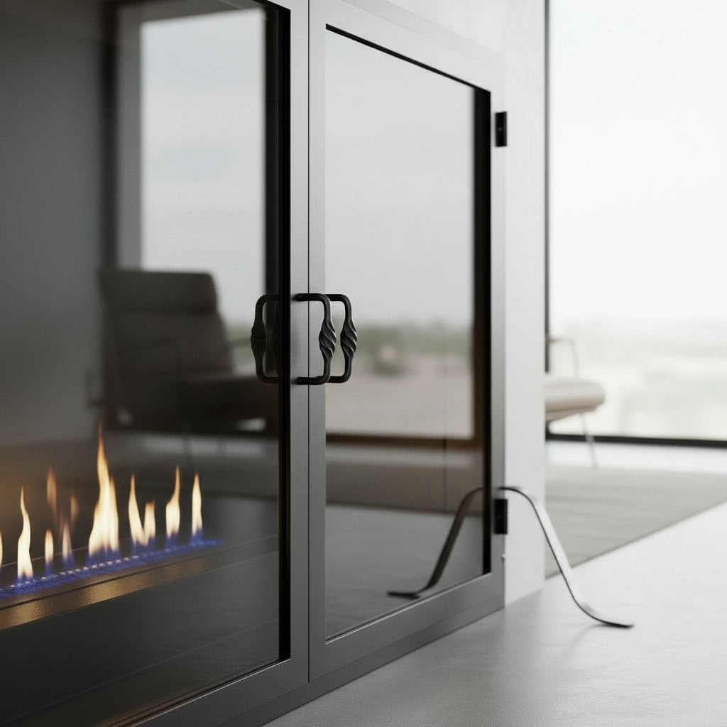 Legend Freestanding Glass Fireplace Screen with Operable Doors – Custom Size & 21 Finishes