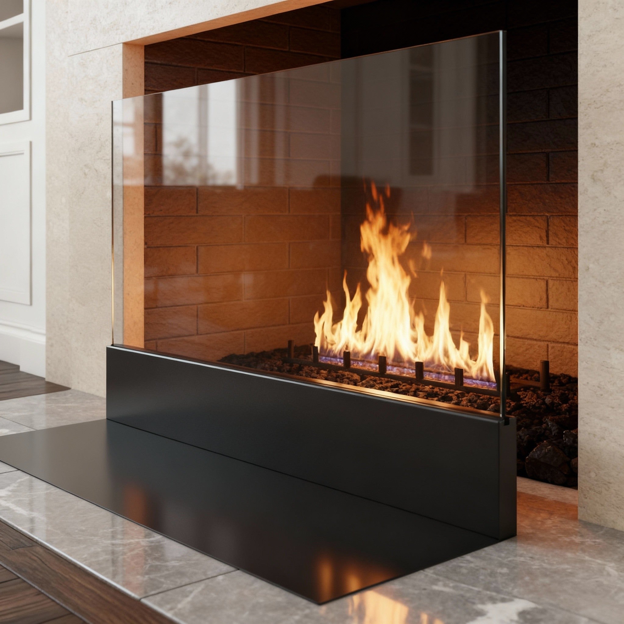 Modern Clear Glass Fireplace Screen with Steel Base – Custom Made (27 Colors)