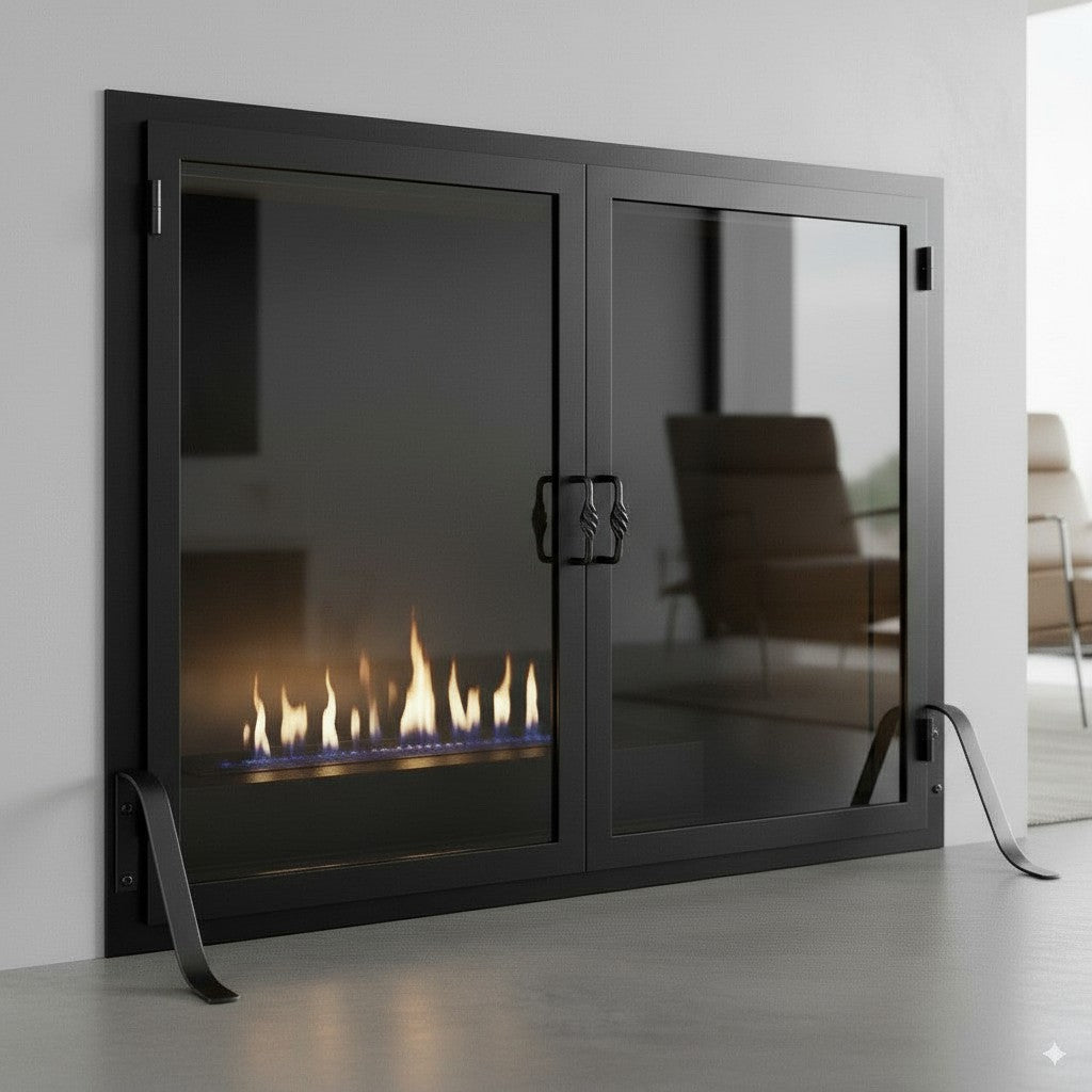 Legend Freestanding Glass Fireplace Screen with Operable Doors – Custom Size & 21 Finishes