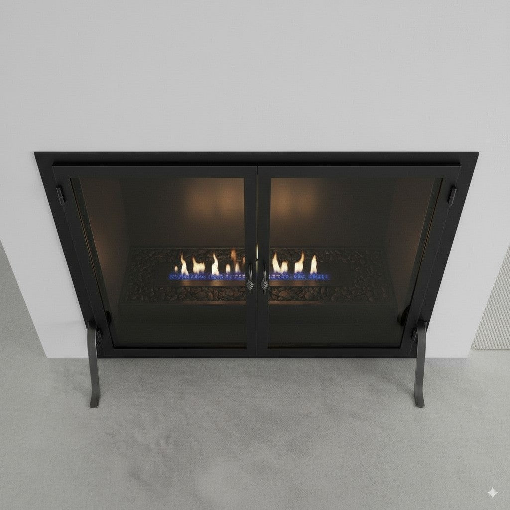 Legend Freestanding Glass Fireplace Screen with Operable Doors – Custom Size & 21 Finishes