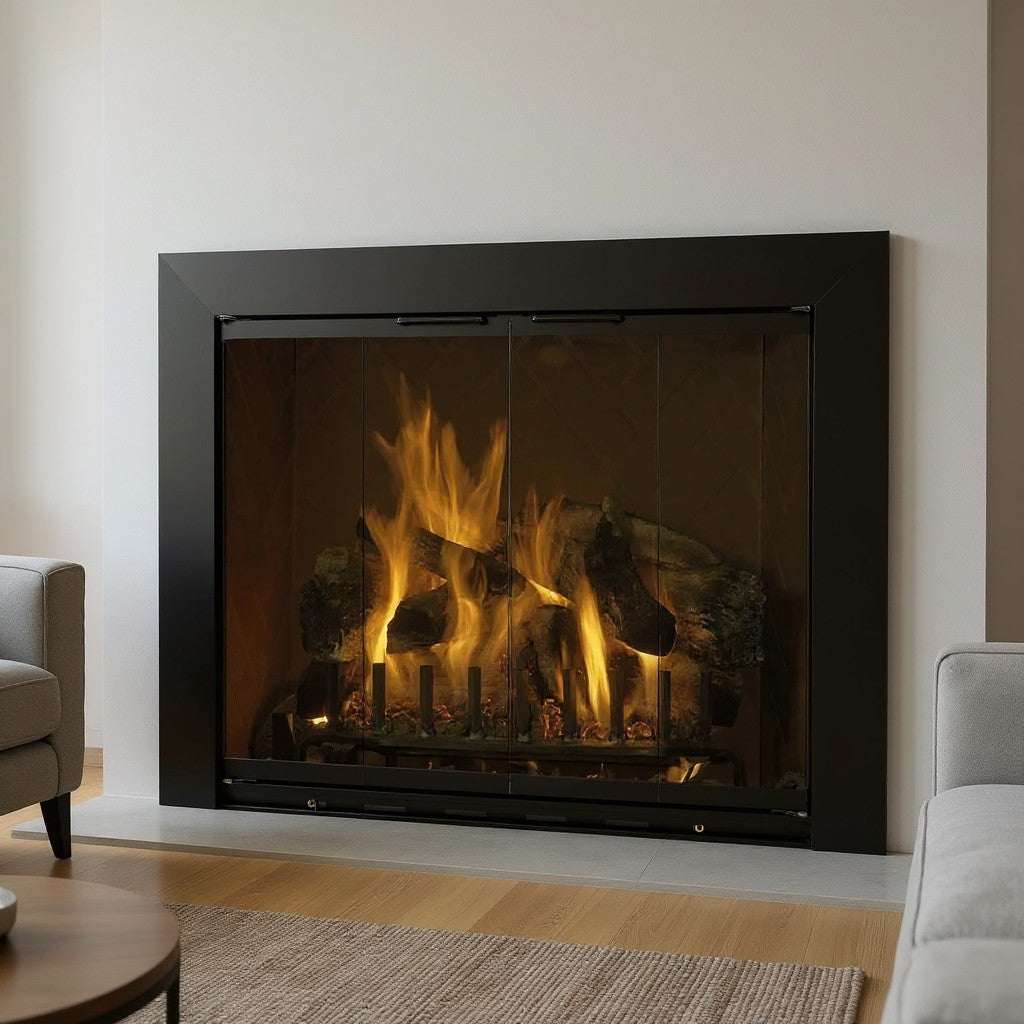 Custom black aluminum bi-fold glass fireplace doors for masonry firebox with clear tempered glass and powder coat finish