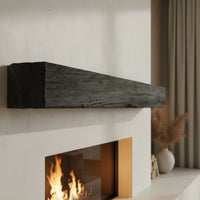 Grist Mill Non-Combustible concrete mantel shelf with weathered woodgrain and Eclipse finish
