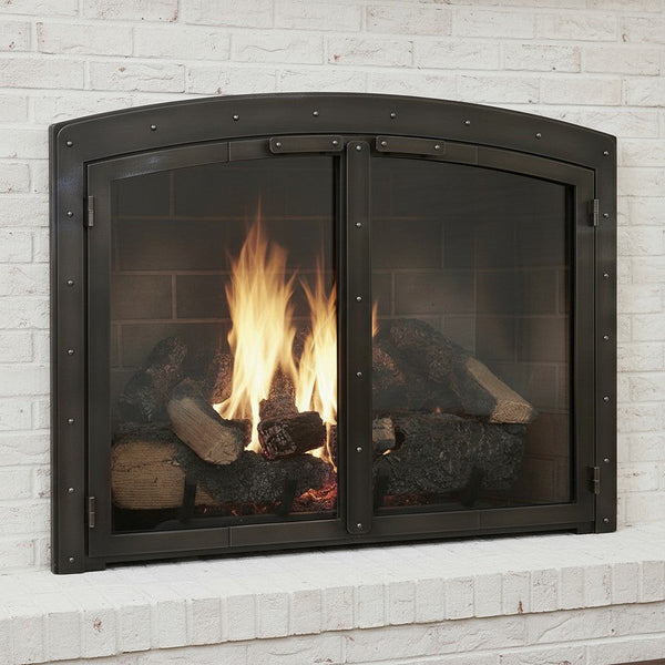 Black Rock Arch masonry fireplace glass doors with standard frame and custom-made design