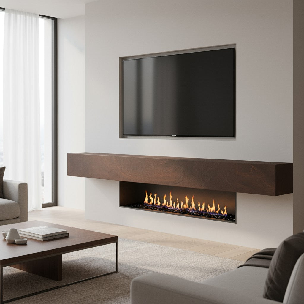 Custom Metal Floating Mantel Shelf: Non-Combustible, Wood Grain Walnut, Any Size