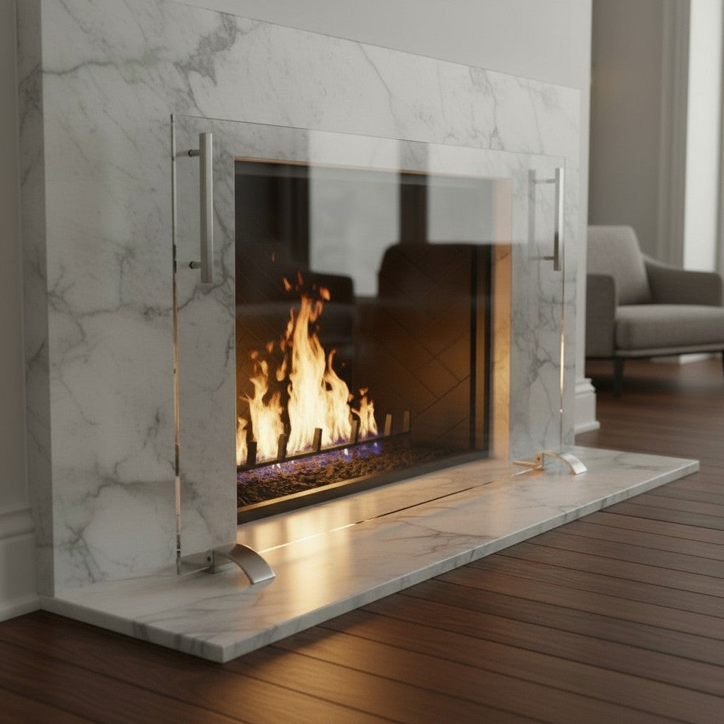 Frameless Clear Glass Fireplace Screen with Feet, Options