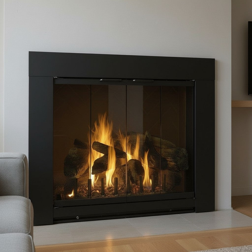 Grande Flat Black Masonry Fireplace Door | Standard Sizes
