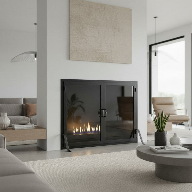 Legend Freestanding Glass Fireplace Screen with Operable Doors – Custom Size & 21 Finishes