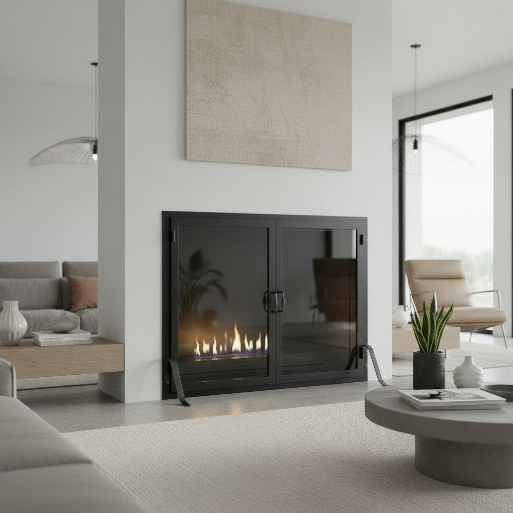 Legend Freestanding Glass Fireplace Screen with Operable Doors – Custom Size & 21 Finishes