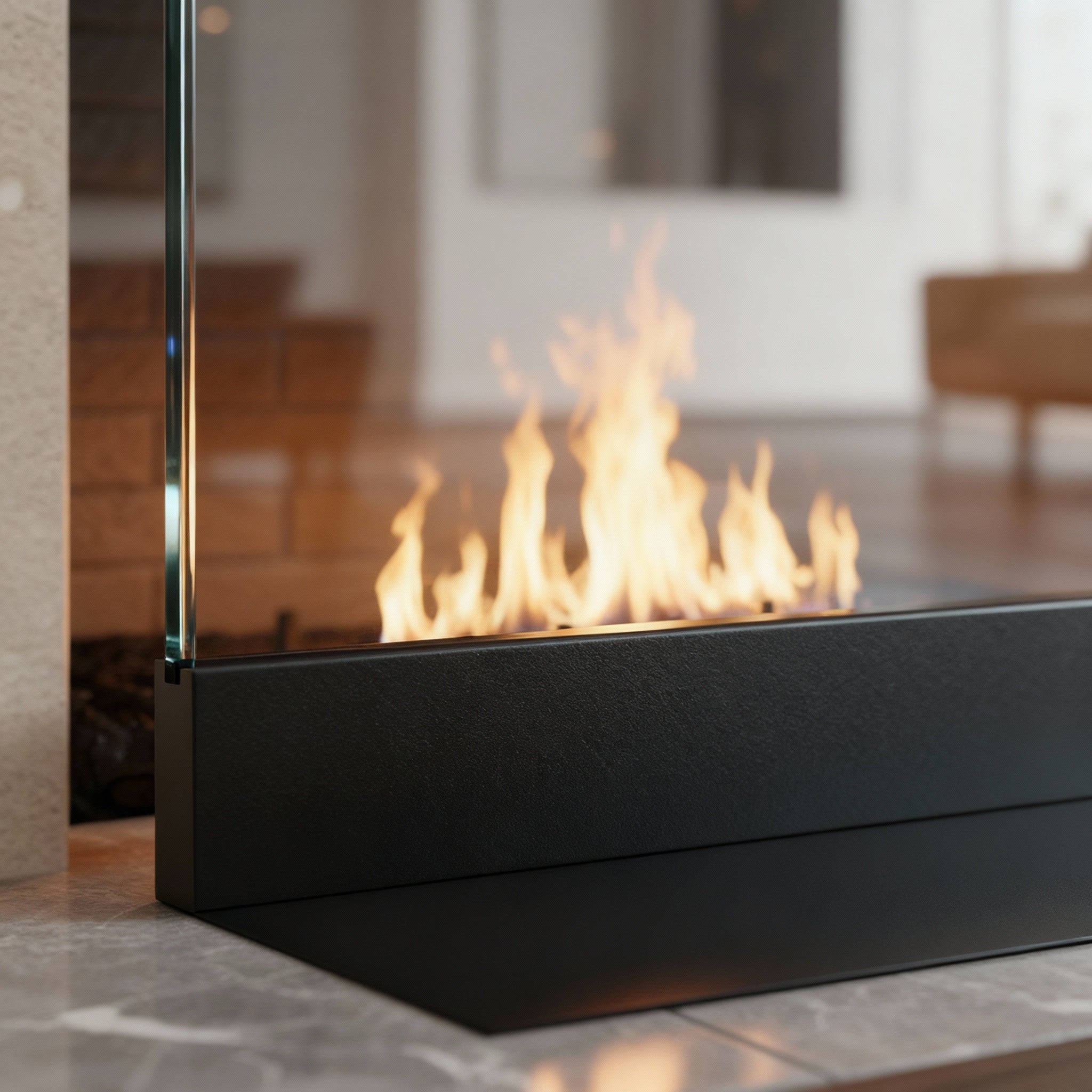 Modern Clear Glass Fireplace Screen with Steel Base – Custom Made (27 Colors)