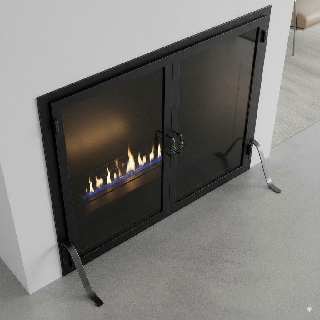 Legend Freestanding Glass Fireplace Screen with Operable Doors – Custom Size & 21 Finishes