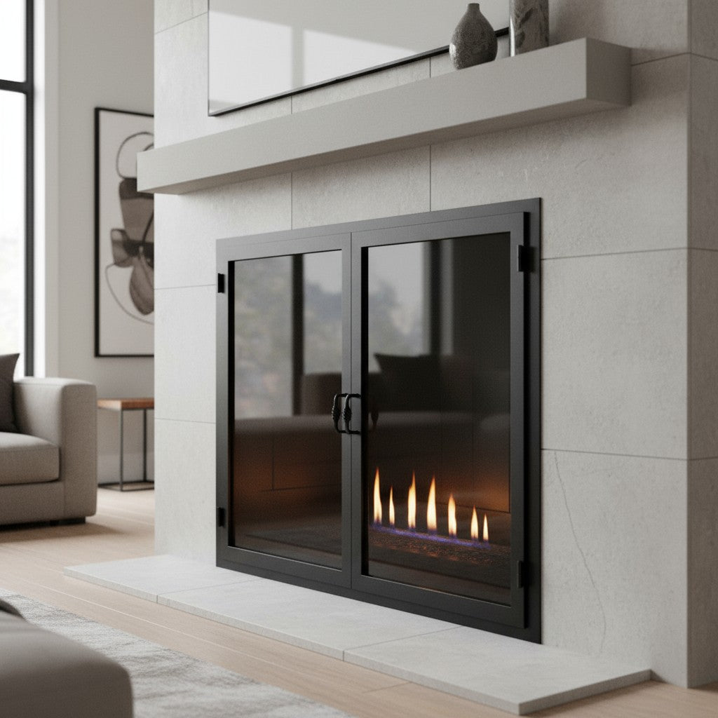 2x Legend Fireplace Doors / Prefab / Opening 1 36" x 20" Opening 2 36" x 21" / Matte Black / Square Handles / Clear Glass / Twin Gate Mesh / Cabinet Doors