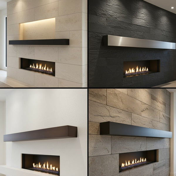Custom metal floating mantel shelf made from solid 16-gauge steel with customizable finishes and heat shield functionality for fireplaces