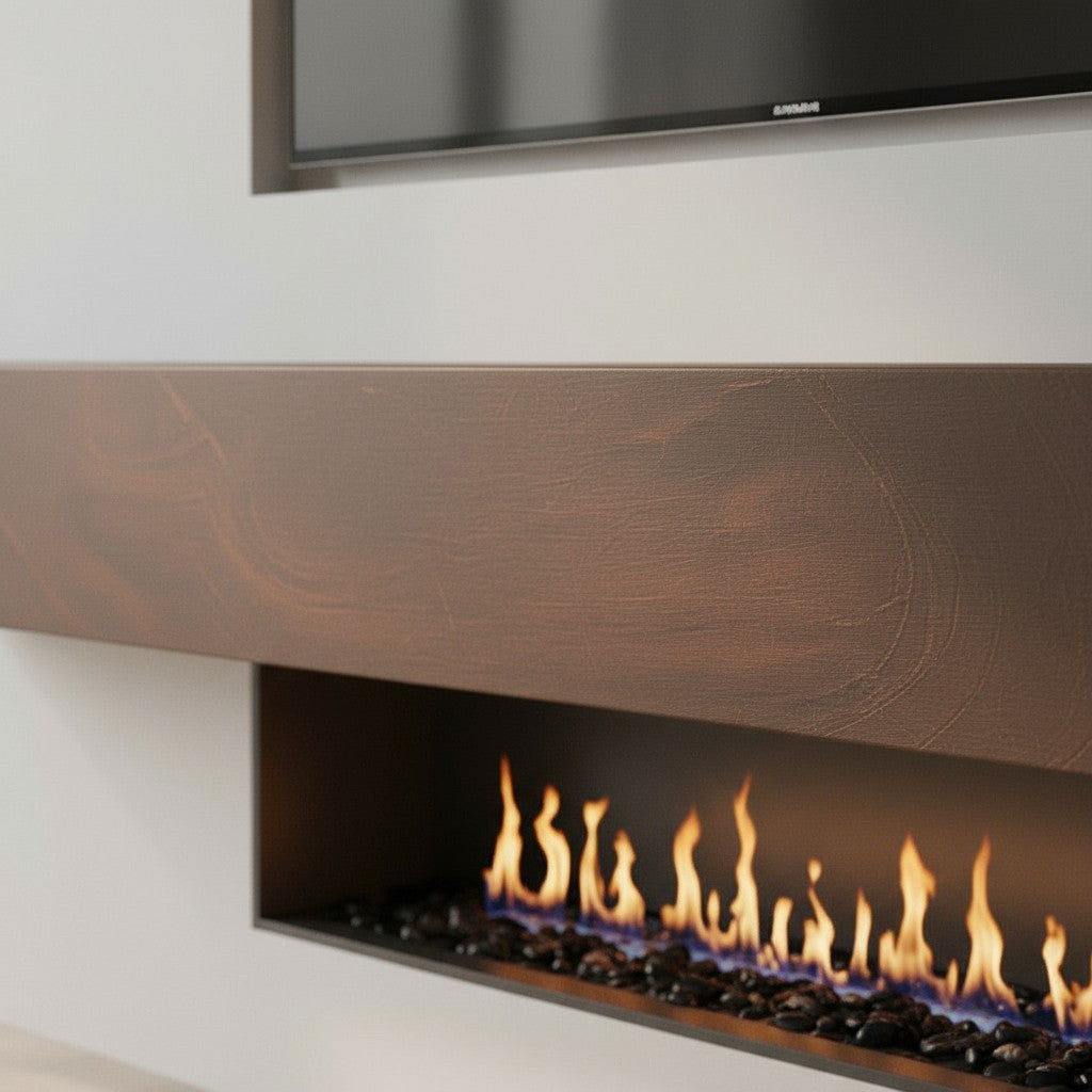 Custom Metal Floating Mantel Shelf: Non-Combustible, Wood Grain Walnut, Any Size