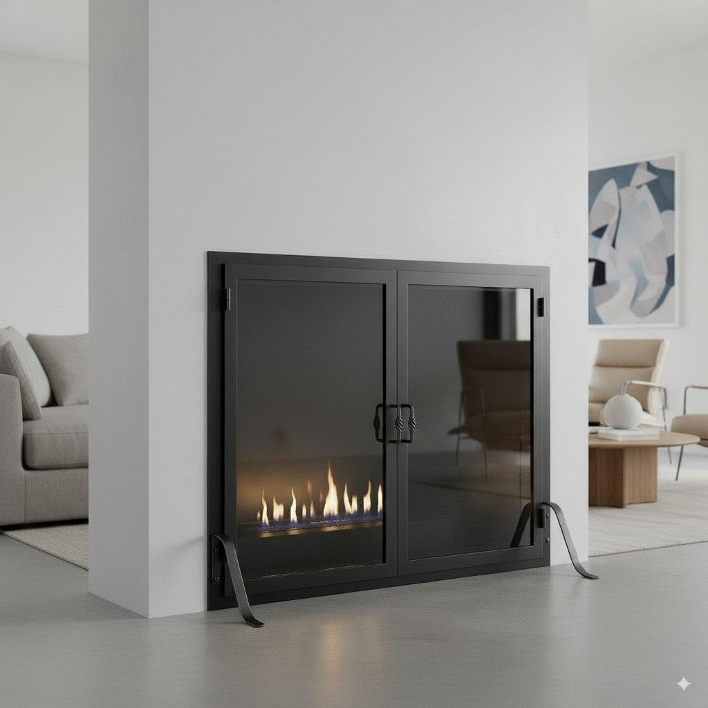 Legend Freestanding Glass Fireplace Screen with Operable Doors – Custom Size & 21 Finishes