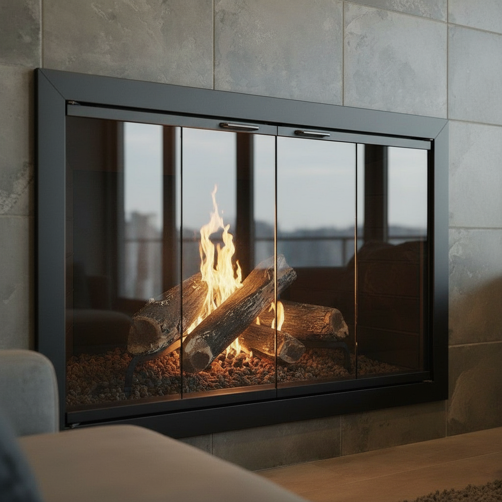 Brookfield Fireplace Doors / 51 3/4"W x 32 3/4"H / Overlap Fit / Clear Glass / Sunrise Window Pane / Classic Bronze / Rugged Steel