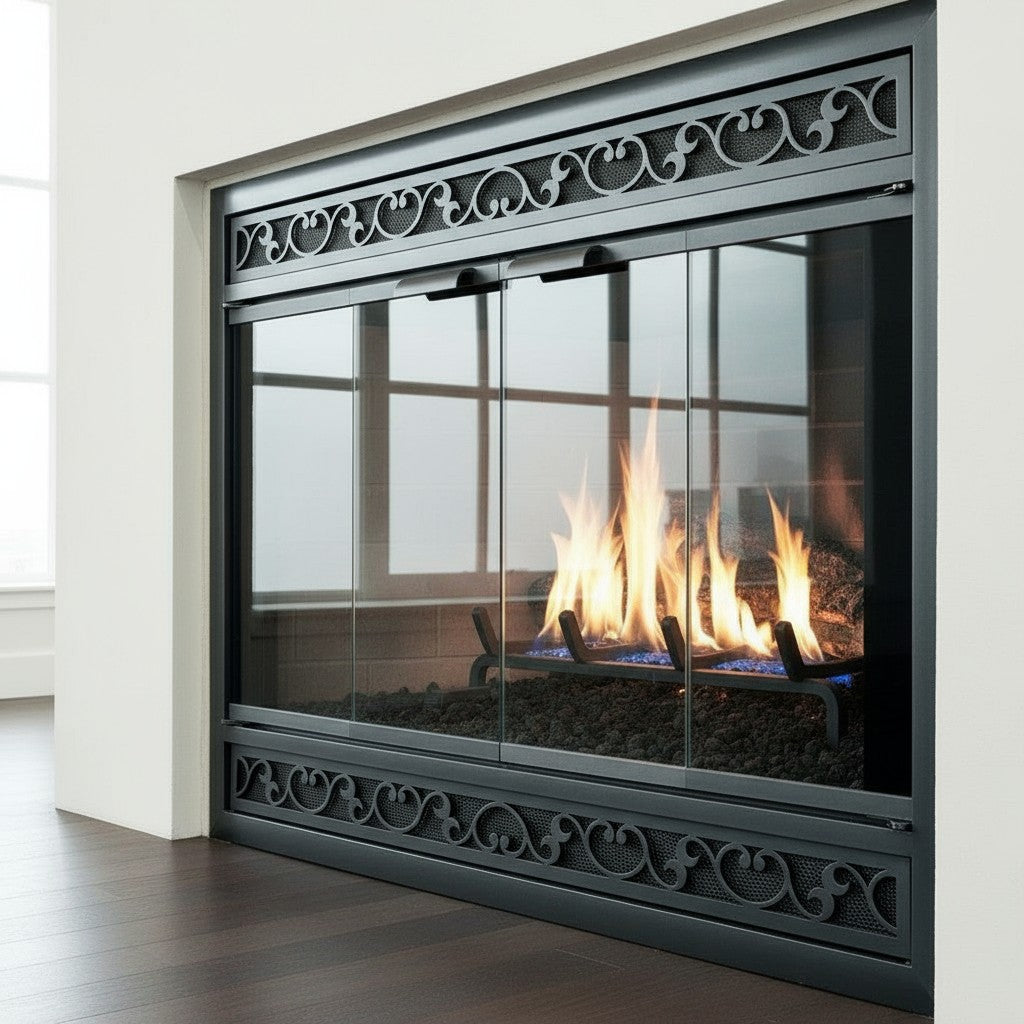 Brookfield Deluxe – Magnetic Prefab Fireplace Glass Doors with Overlay Vent Cover Design