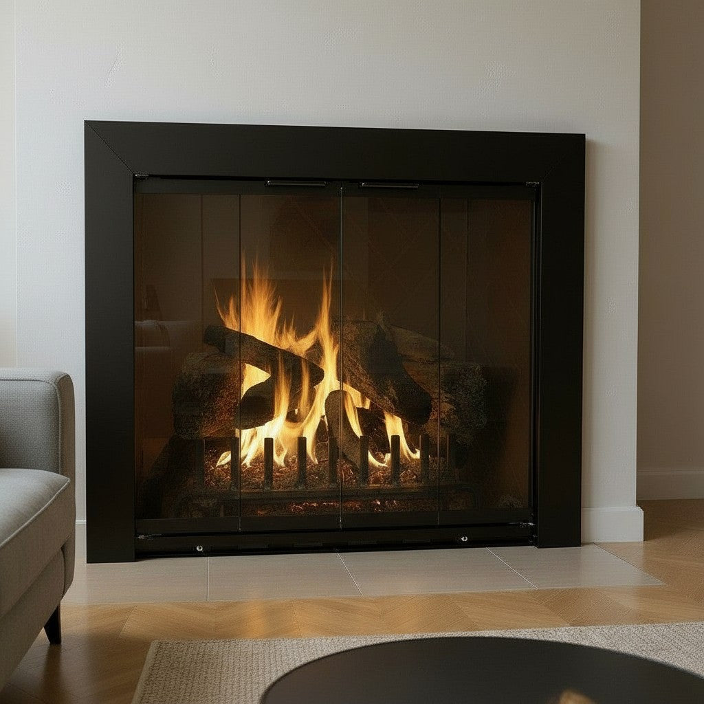 Reflection Flat Black Masonry Fireplace Door