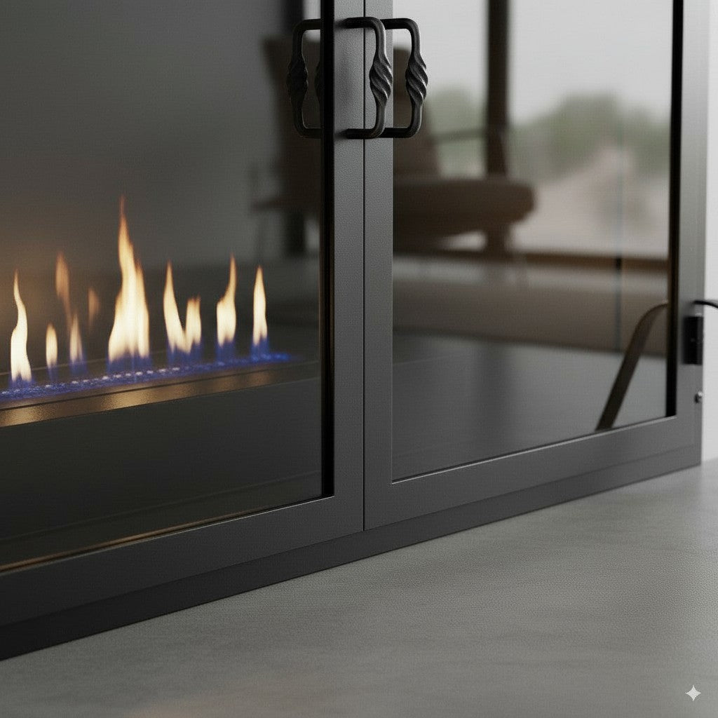 Legend Freestanding Glass Fireplace Screen with Operable Doors – Custom Size & 21 Finishes