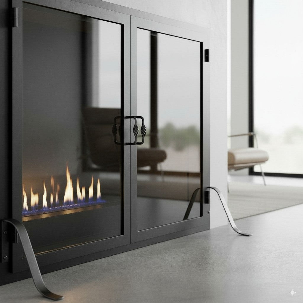 Legend Freestanding Glass Fireplace Screen with Operable Doors – Custom Size & 21 Finishes