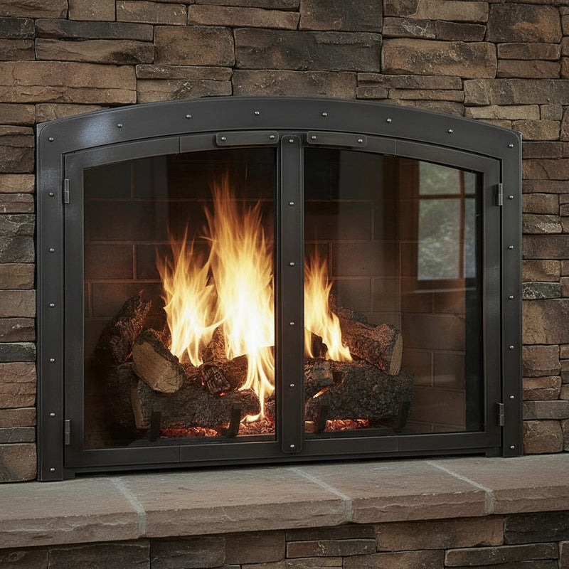 Black Rock Arch - Masonry Fireplace Glass Doors | Custom
