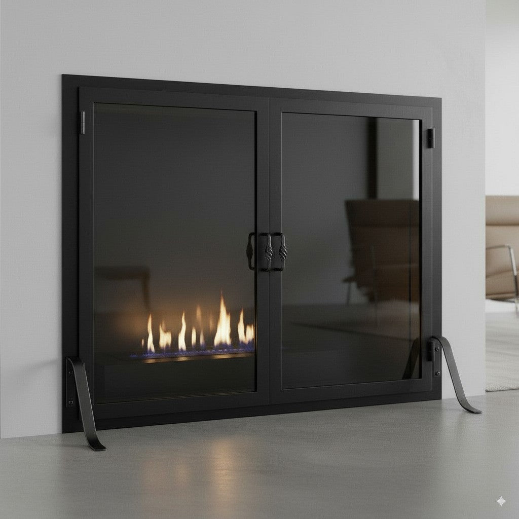 Legend Freestanding Glass Fireplace Screen with Operable Doors – Custom Size & 21 Finishes