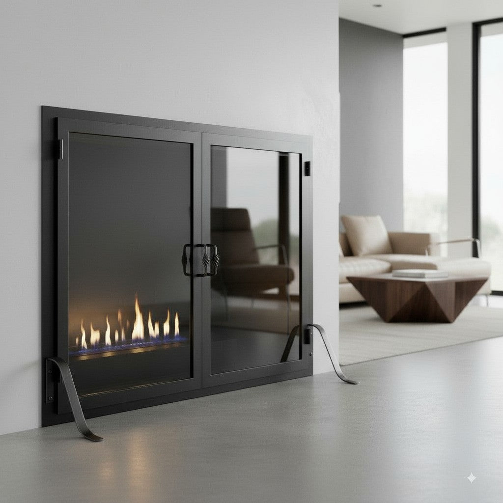 Legend Freestanding Glass Fireplace Screen with Operable Doors – Custom Size & 21 Finishes