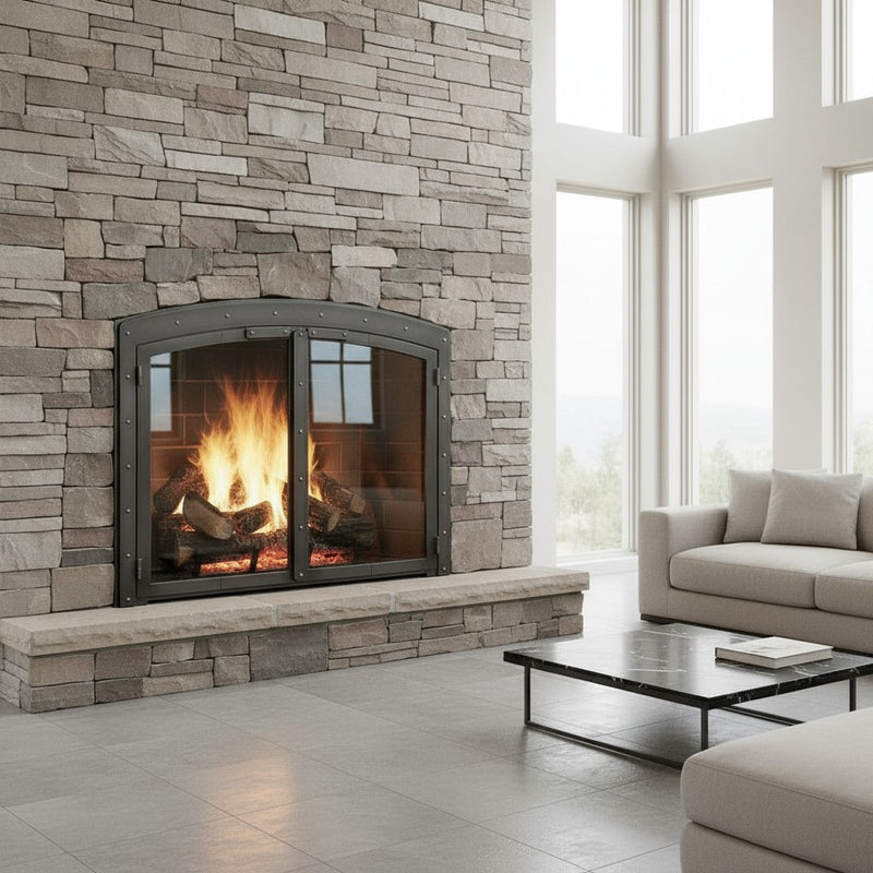 Black Rock Arch - Masonry Fireplace Glass Doors | Custom