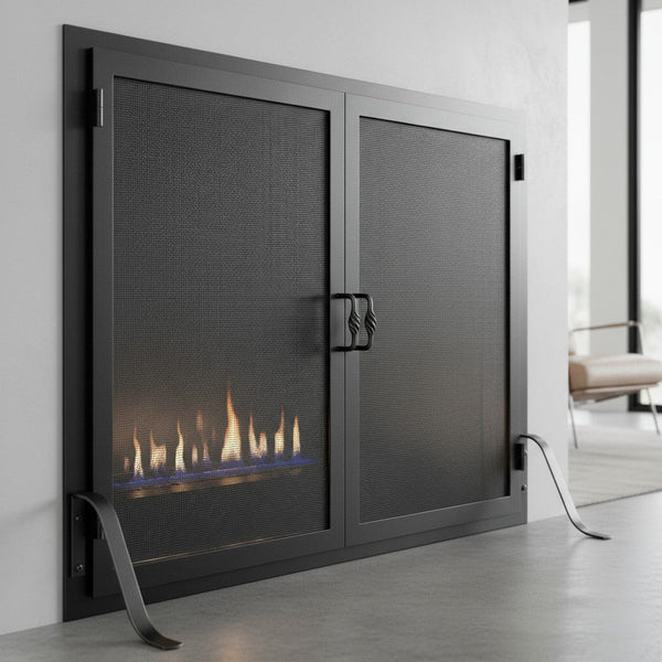 Custom Fireplace Screen with Operable Doors in Solid Steel Frame and Heavy Gauge Mesh