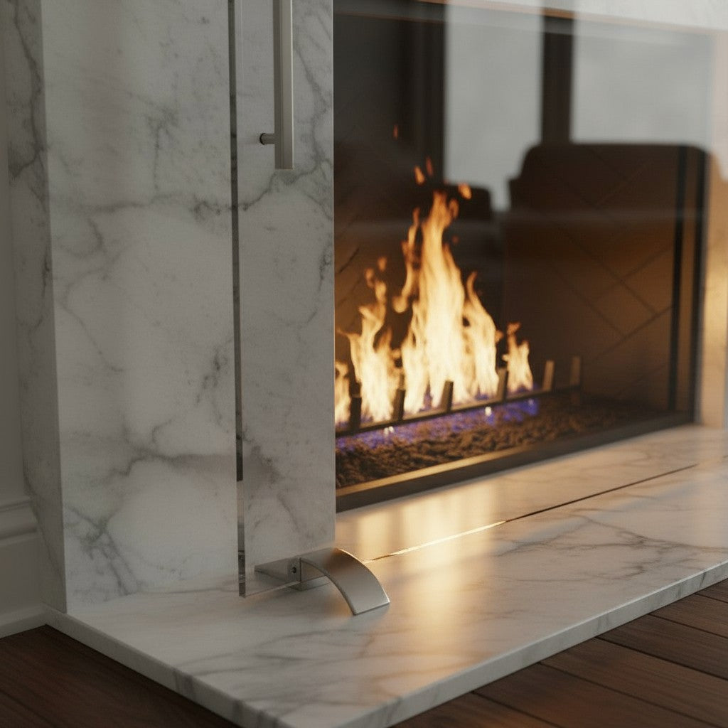 Frameless Clear Glass Fireplace Screen with Feet, Options