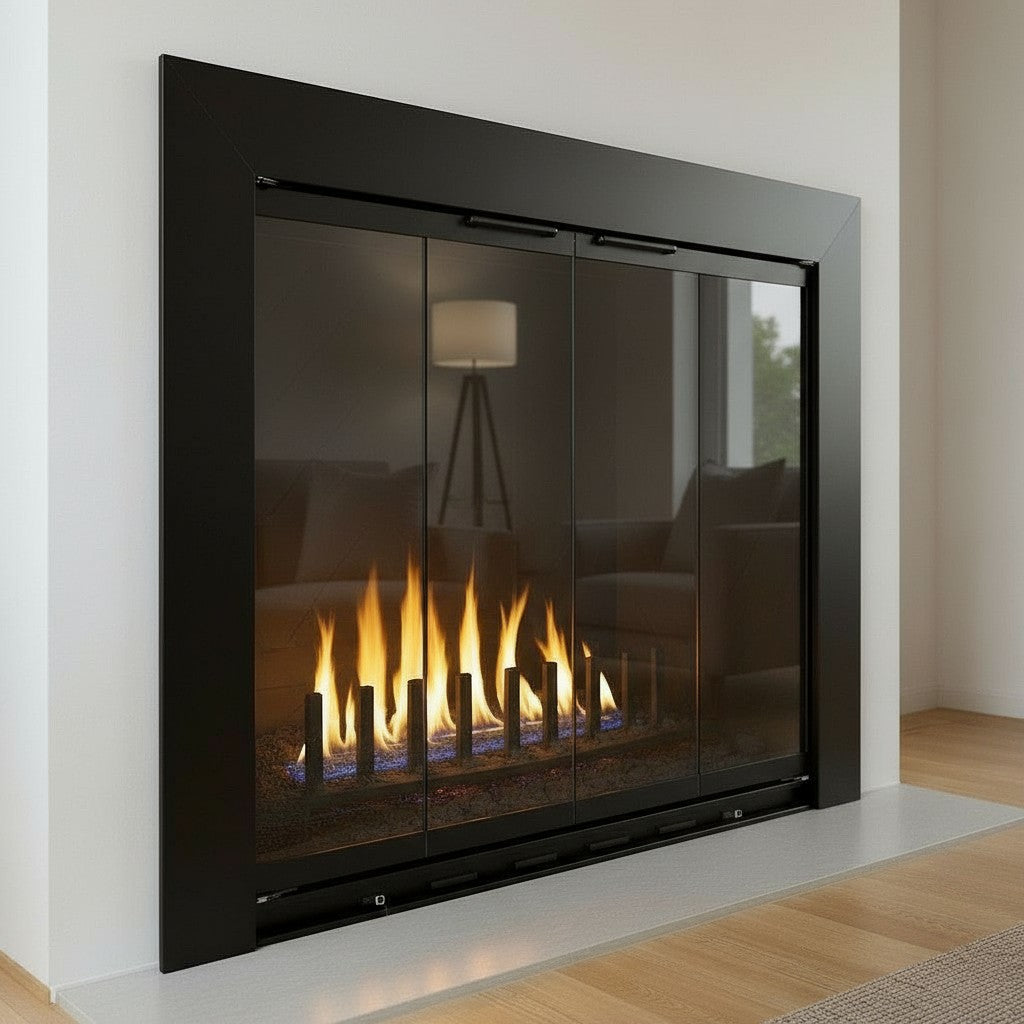 Reflection Flat Black Masonry Fireplace Door