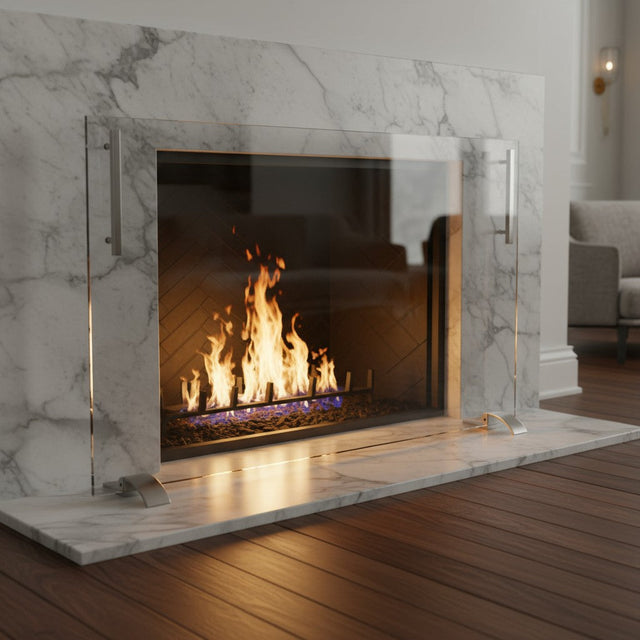 Glass Screen — Standard Sizes - Frameless Clear Glass Fireplace Screen with Feet, ...