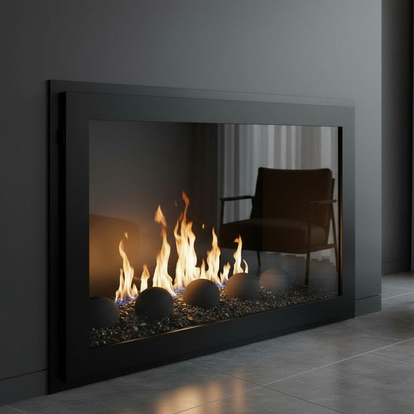 Single panel masonry fireplace glass door with standard frame and recessed depth, custom made in USA