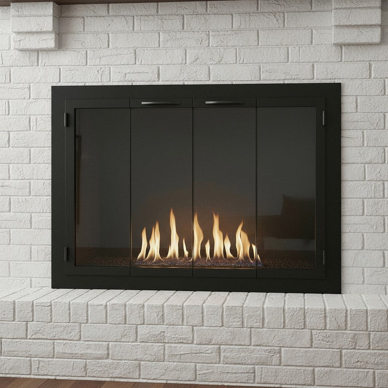 Three custom steel Carolina fireplace doors in rustic black with clear glass and modern handles