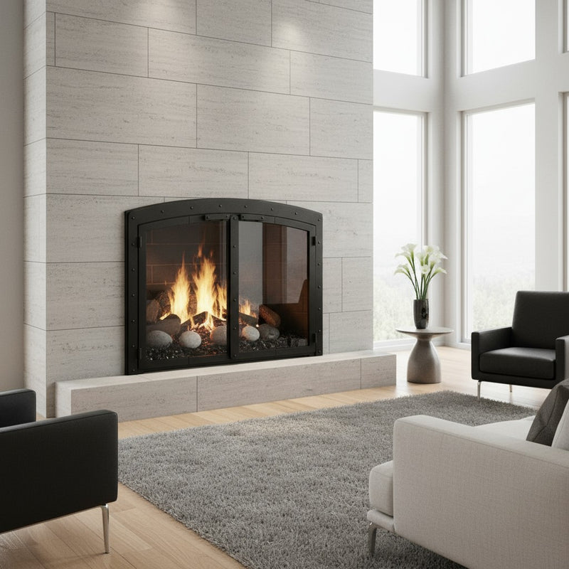 Black Rock Arch - Masonry Fireplace Glass Doors | Custom