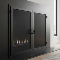 Legend Custom Masonry fireplace mesh doors with standard frame and overlap, custom made in USA with 5-year warranty