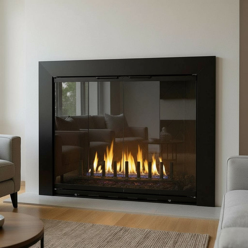 Reflection - Custom Masonry Fireplace Glass Doors / 35 3/8" W x 30"H / Matte Black / Modern Handles / Grey Glass / Bi-Fold / 3 Sided Overlap / Rush Order