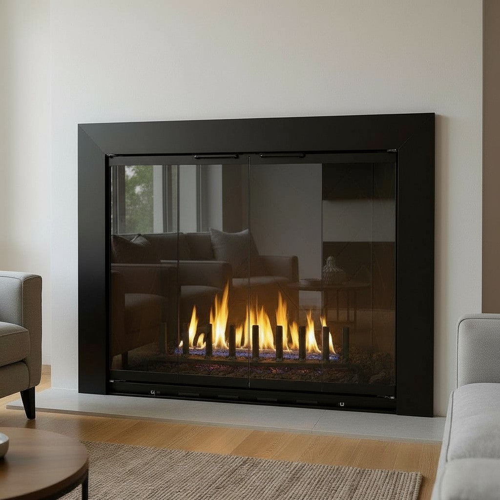 Reflection - Custom Masonry Fireplace Glass Doors / 37" W x 21 1/4"H / Matte Black / Modern Handles / Grey Glass / Bi-Fold / 3 Sided Overlap